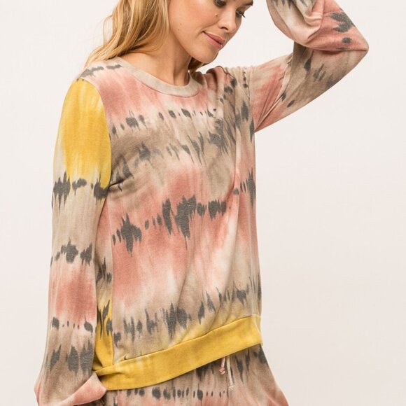 MYSTREE Boho Tie-Dye Long Sleeve Sweatshirt, Multicolor Pink Tan Yellow Pullover - Picture 7 of 8